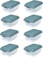 Hefty 18 Quart Hi-Rise Storage Bin with Lid, Stackable Plastic Container for Home, Office, and Classroom Organization, 8 Pack, Smoke Blue