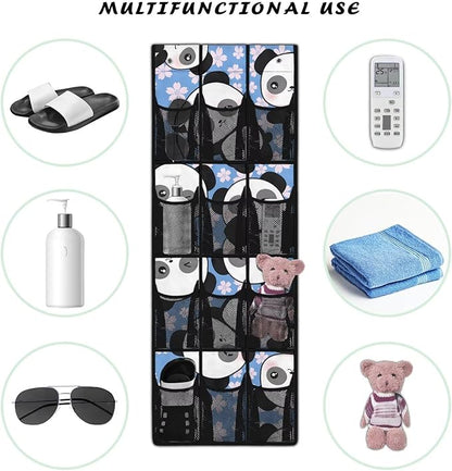 Flower Panda Over The Door Organizer with 12 Mesh Pockets, Cute Animal Print Hanging Storage Bag for Nursery & Kids Room, Durable Fabric for Toys & Diapers