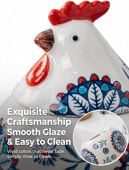 Ceramic Salt Cellar with Lid and Spoon 13oz Large Chicken Rooster Cookie Jar Salt Containers Holder for Counter, Coffee, Sugar, Spices and Candies Holder Ideal for Easter Day Home Kitchen Decor (Blue)