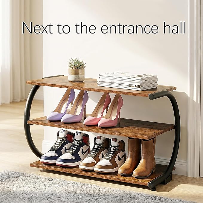 C-Shaped 3-Tier Shoe Rack with Metal Frame & Adjustable Feet - Compact Organizer for Entryway, Closet, Hallway (Holds 11 lbs/Shelf)