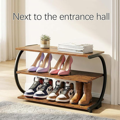 C-Shaped 3-Tier Shoe Rack with Metal Frame & Adjustable Feet - Compact Organizer for Entryway, Closet, Hallway (Holds 11 lbs/Shelf)