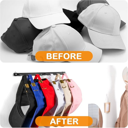 Hat Rack for Baseball Caps (2-Pack), Stainless Steel Hat Organizer for Baseball Caps, Multi-Purpose Hooks for Wall, Strong Adhesive/Wall Drilled (Black)