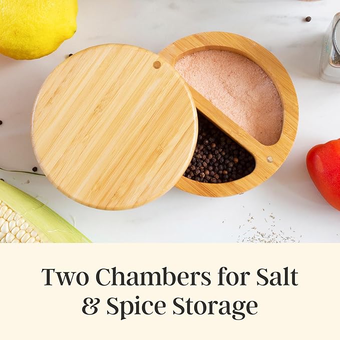 Totally Bamboo Salt Keeper Duet – Bamboo Salt Cellar with Dual Compartments for Salt and Pepper or Spices, Magnetic Swivel Lids, Natural Bamboo Salt Box, 8 Ounce Capacity