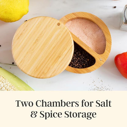 Totally Bamboo Salt Keeper Duet – Bamboo Salt Cellar with Dual Compartments for Salt and Pepper or Spices, Magnetic Swivel Lids, Natural Bamboo Salt Box, 8 Ounce Capacity