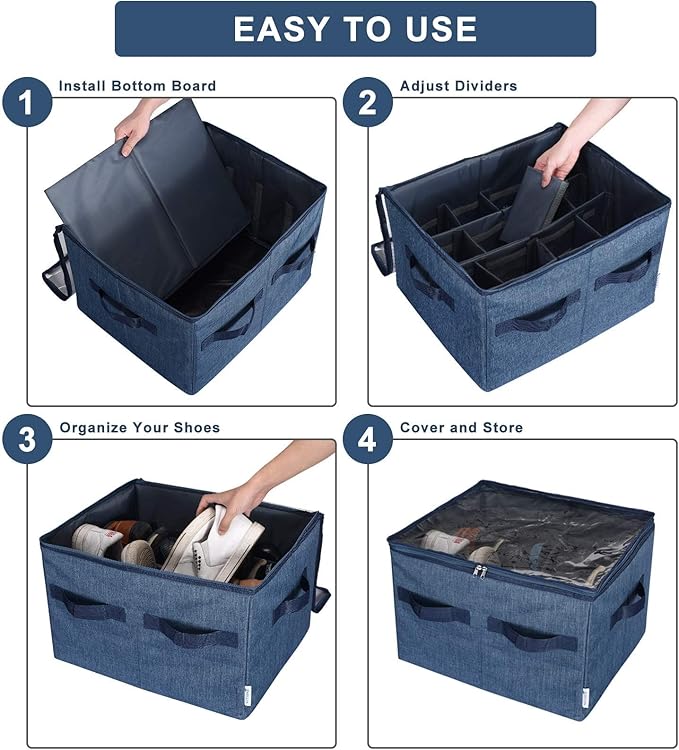 Moteph Shoe Organizer Closet Storage Solution with Clear Cover & Adjustable Dividers for Shoes, Handbags, Blankets, Linen, Clothing (Medium - 16 Pairs, Navy Blue)