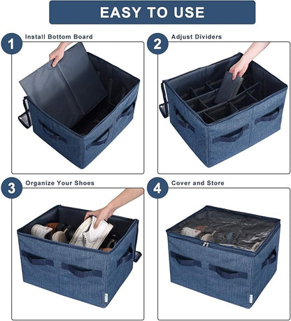 Moteph Shoe Organizer Closet Storage Solution with Clear Cover & Adjustable Dividers for Shoes, Handbags, Blankets, Linen, Clothing (Medium - 16 Pairs, Navy Blue)