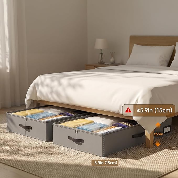 OIAHOMY 2 Pack Under Bed Storage with 4 Compression Bags, Underbed Organizers for Bedroom & Closet, Fits Beds Higher than 5.9", Space-Saving for Seasonal Clothes, Blankets & Shoes - Grey