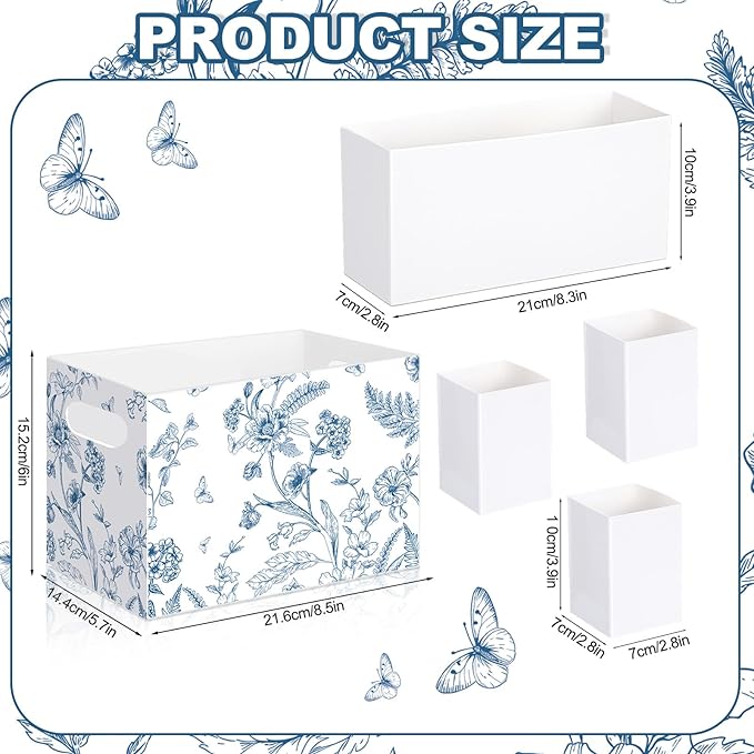Sliner 2 Pcs Blue and White Floral Utensil Holder Paper Utensil Caddy for Wedding Bridal Shower Party Supplies Cutlery Holder with Handles Disposable Flower Butterfly Cutlery Organizer Snack Box Favor
