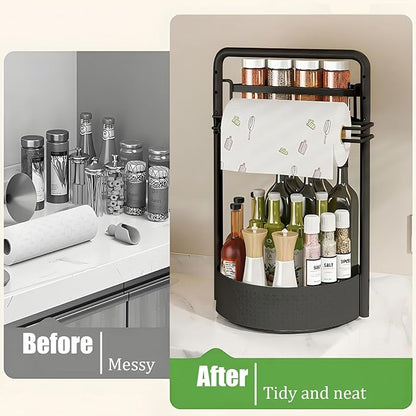 JEESA Rotating Spice Rack with Paper Towel Holder, 2 Tier Lazy Susan for Spices, Sturdy Iron Seasoning Organizer for Kitchen Countertop, Black