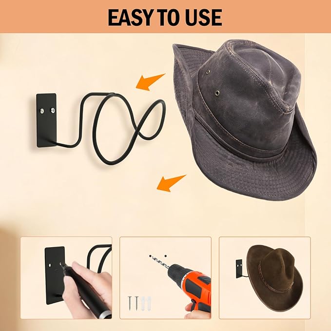 Cowboy Hat Holder 6 Pack, Metal Cowboy Hat Hanger Organizer, Black Cowboy Hat Rack for Wall Mount (Black 6 Pack)