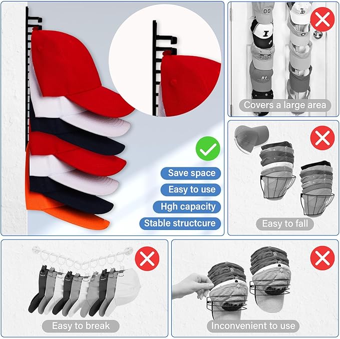 MAGTSMEI Baseball Cap Organizer for Wall, 1 Pack Hat Rack for Closet & Door, Vertical Hat Holder with Large Capacity, Space Saving Cap Display Rack, No Damage to Hat Brim (Black)
