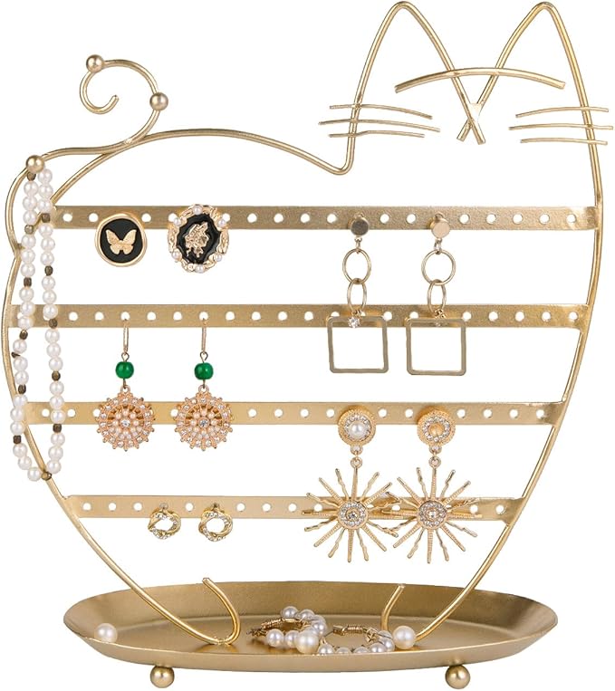 NIKKY HOME Cat Earring Holder Hanging Organizer Stand Metal Jewelry Tree Table Top Ear Stud Holder Tower Rack with Ring Tray and Hook for Girls (80 Holes), Gold