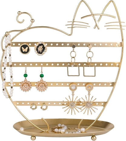NIKKY HOME Cat Earring Holder Hanging Organizer Stand Metal Jewelry Tree Table Top Ear Stud Holder Tower Rack with Ring Tray and Hook for Girls (80 Holes), Gold