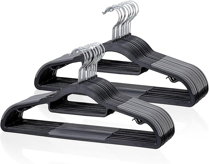 Tonswachic Heavy Duty Plastic Clothes Hangers, Space Saving Hangers 30 Pack, Non-Slip, 0.2 Inches Slim, 360° Swivel Silver Hook for Shirts, Pants & Wet/Dry Garments, Black and Dark Gray