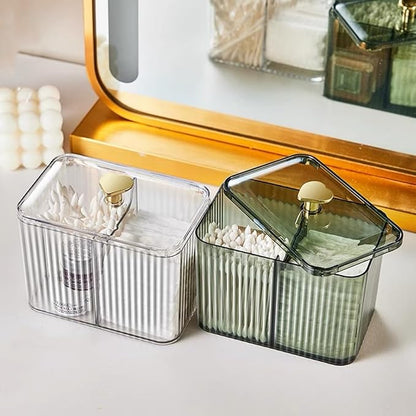 Qtips Holder Dispenser 3 Compartments Cotton Ball Holder Cotton Swabs Holders Organizer Acrylic Bathroom Container with Lid for Swab Pads Cosmetics(Green)