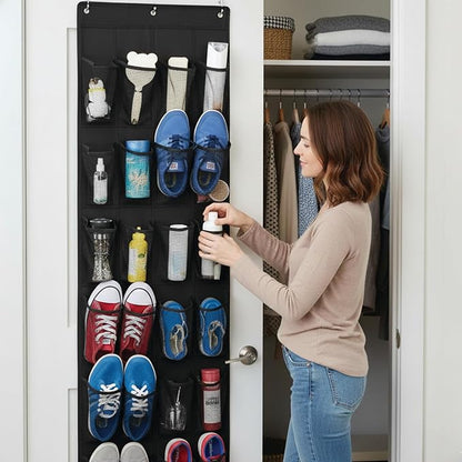 VIMALIFE Over the Door Shoe Organizer with 24 Large clear Mesh Pockets, Space Saving Shoe Holder with Metal Hooks, Hanging Rack for Closet & Door Storage, Pantry Organizer, Home Accessories