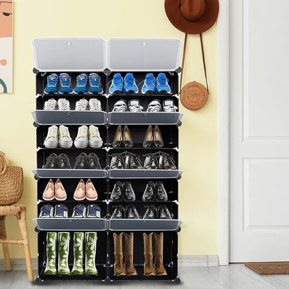 14 Cubes Shoe Rack,Portable Shoe Rack Organizer,Stackable Detachable Free Standing Shoe Rack,Plastic Shoe Storage Cabinet,Shoe Storage Boxes,with Doors,for Closet, Hallway, Bedroom, Entryway (Black)