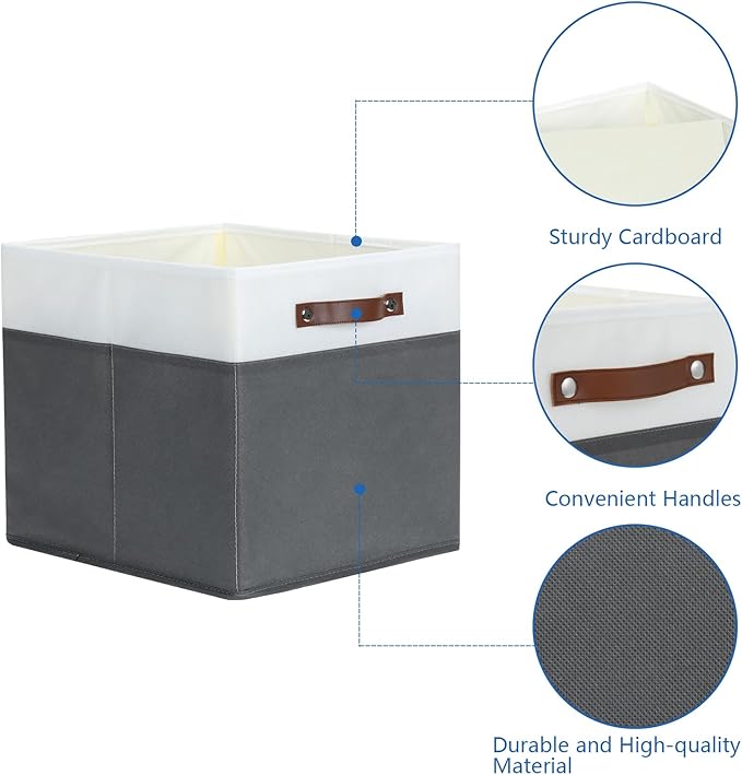 Temary Cube Storage Bins 4Pack Foldable Cube Baskets for Clothes Shelf Storage Basket with Handles, Storage Box Fabric Storage Organizer Bins for Home (White&Grey, 13x15x13 Inch)