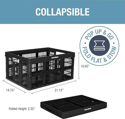 CleverMade Collapsible Utility Crates, Obsidian, 3 Pack, 45L/11 Gal, 66 lbs Capacity, Stackable Containers, Heavy Duty, Space-Saving Baskets,Polypropylene (PP)