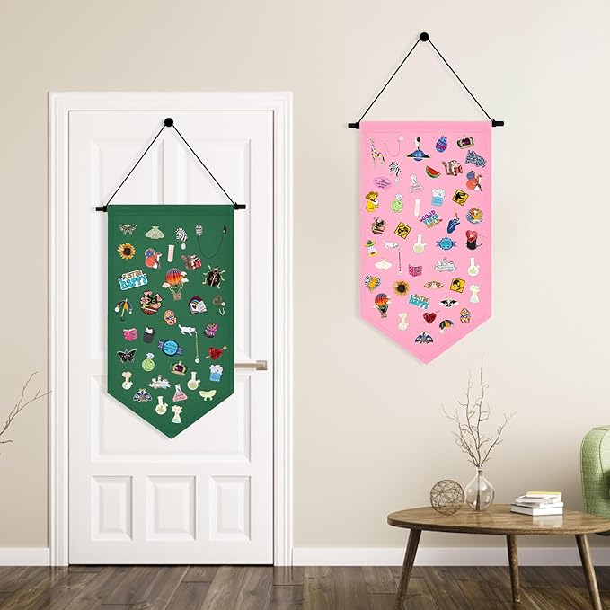 Kunyeah Wall Hanging Brooch Organizer Storage Case Colorful Canvas Pin Board Stand Enamel Pin Badge Hanging Holder Display Banner Earrings Collection Holder - Pins No Included (Pink)