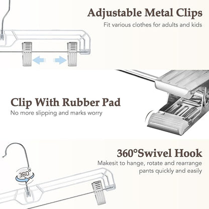 HOUSE DAY Clear Pants Hangers 100 Pack, Non-Slip Plastic Skirt Hanger with 2 Adjustable Clips, Heavy Duty Clip Hangers for Pants, Skirts, Shorts, 14" Clear Hanger, 360-Rotating Swivel Hook
