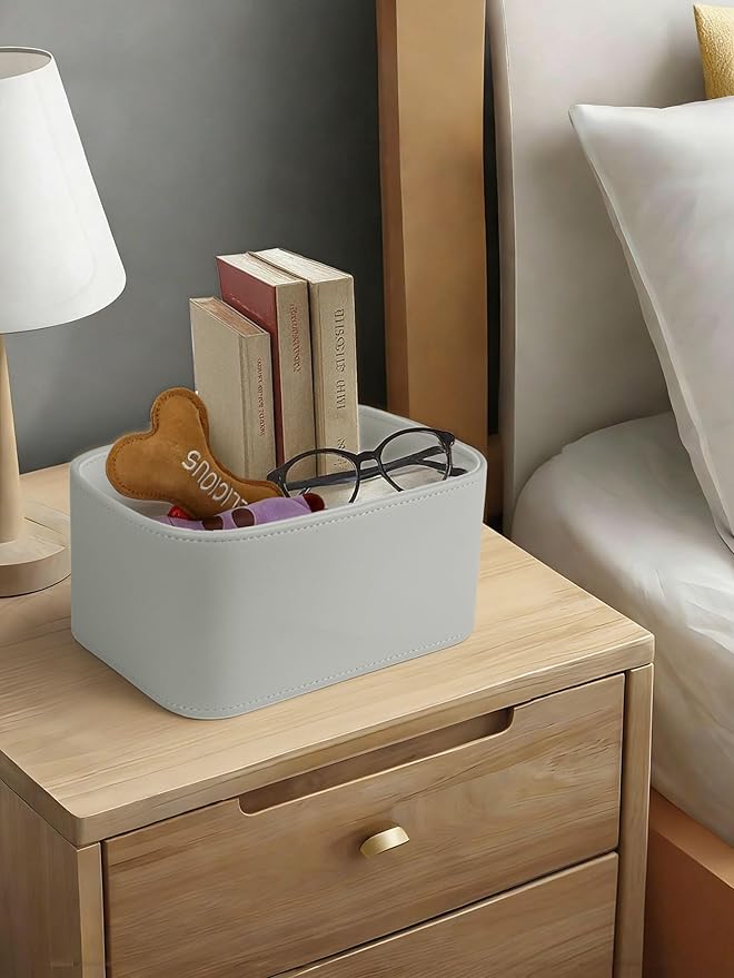 HofferRuffer Faux Leather Storage Baskets Bins with Velvet Lining for Organizing, Storage, Gifts, Set of 3 Nesting Shelf Baskets Decorative Storage Boxes for Home Organization (Grey)