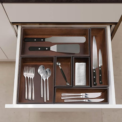 PRATIQUE Bamboo Drawer Organizer - Kitchen Utensil Organizer Silverware Tray Cutlery Holder，Office Desk Supplies and Accessories,8.9 * 3 * 2.6,Nut-brown