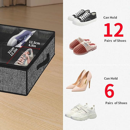 Onlyeasy Under Bed Shoe Storage Organizer with Sturdy Handles and Clear Window 1 Pack Fits 12 Pairs, Premium Foldable Underbed Shoes Container Box for Closet, Linen-like Black, MXAUBSB1P