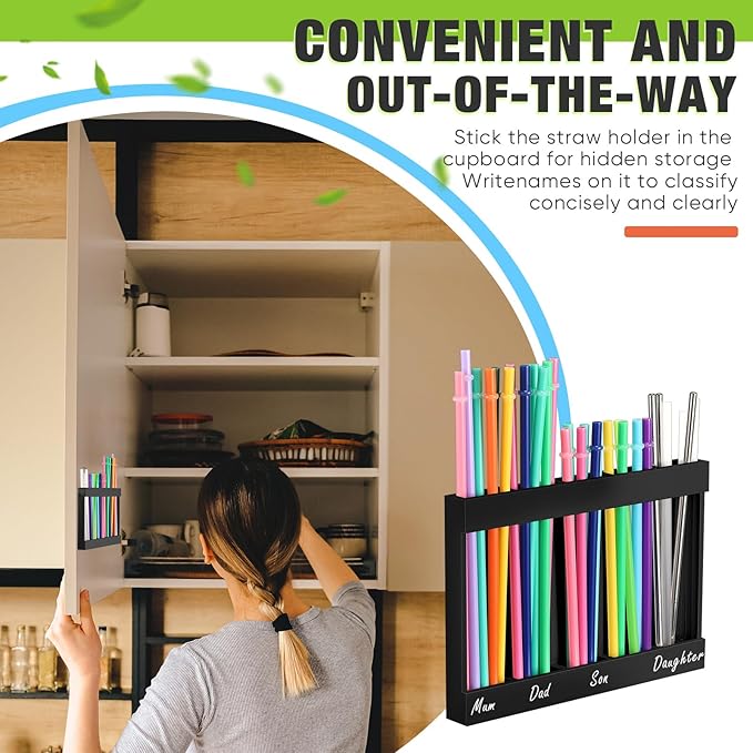 Qinyoung Wooden Straw Holder for Cabinet Door with Double Sided Adhesive Tape Tumbler Straw Organizer for Cupboard Reusable Tumbler Storage Container for Kitchen Counter(Black)