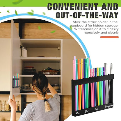 Qinyoung Wooden Straw Holder for Cabinet Door with Double Sided Adhesive Tape Tumbler Straw Organizer for Cupboard Reusable Tumbler Storage Container for Kitchen Counter(Black)