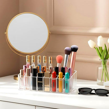 2 Pcs Rollerball Perfume Organizer, 24 Spaces Acrylic Perfume Storage Holder, Clear Beauty Scent Holder, Makeup Display Case Organizer for Lipstick Lip Glosses Brushes Perfumes Sample Mascara