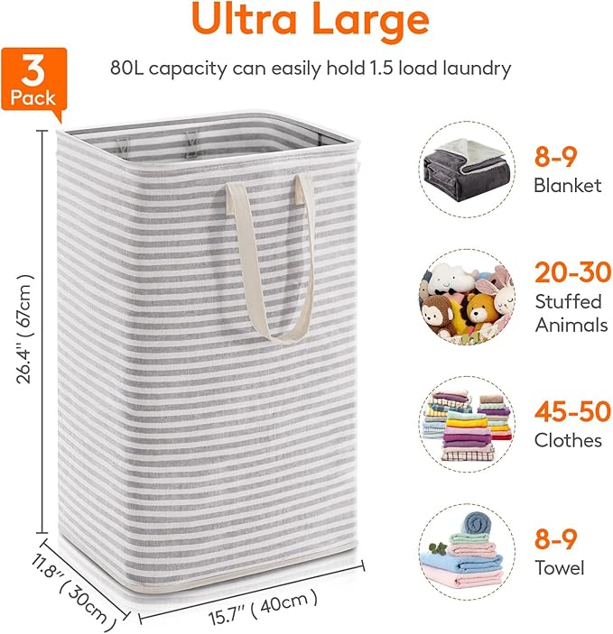 Lifewit 3 Pack Laundry Basket 80L Each, Collapsible Clothes Hamper with Reinforced Handles, Freestanding Waterproof Design for Bedroom and Laundry Room, Grey 240L Total