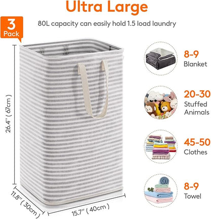 Lifewit 3 Pack Laundry Basket 80L Each, Collapsible Clothes Hamper with Reinforced Handles, Freestanding Waterproof Design for Bedroom and Laundry Room, Grey 240L Total
