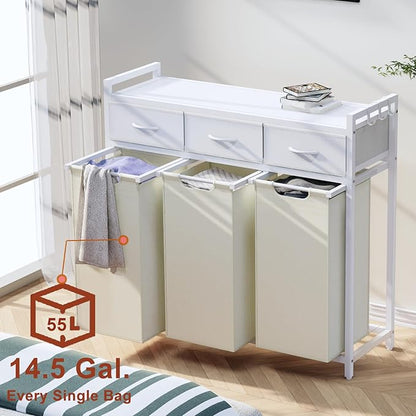 Timberer Laundry Hamper, Laundry Sorter 3 Section, Rolling Laundry Basket with Wheels, 3 Drawers, 3 × 14.5 Gal (55 L), Pull-Out and Removable Oxford Fabric Bags, White and Beige