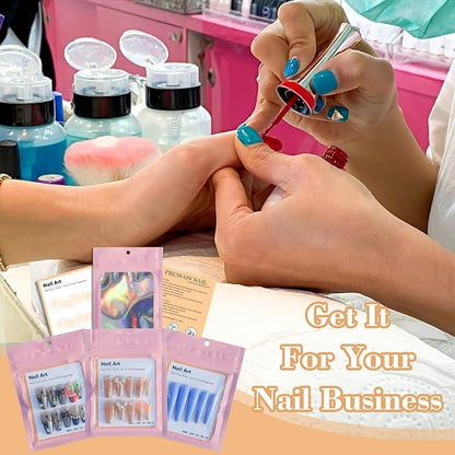 202pcs Press on Nail Packaging Bag, 100pcs Empty Holographic Nail Storage Bag and 100pcs Instruction&Display Black Cardboard with 2 Roll Transparent Tape for Nail Display Profession Salon(Pink, 100)