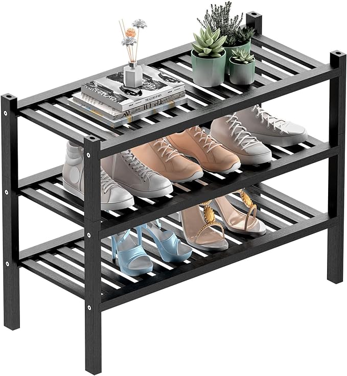 ROMGUAR CRAFT 3 Tier (Thick) Bamboo Shoe Rack for Entryway, Small Wood Shoe Shelf Storage Organizer for Closet, Shoe Stand for Hallway, Stackable and Sturdy 27"x12"x21" Black