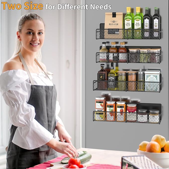 DTUQYX Magnetic Spice Rack for Refrigerator, 4 Pack 100% Metal Strong Magnet Fridge Shelves, Space Saving Spice Organizer, No Drilling Moveable Home Kitchen Laundry Room Storage Organization, Black