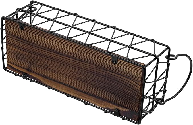 MyGift 2 Piece Wall Mounted Black Geometric Metal Nesting Storage Basket with Rustic Solid Burnt Wood Base, Small Tabletop Decorative Metal Wire Bins with Handles