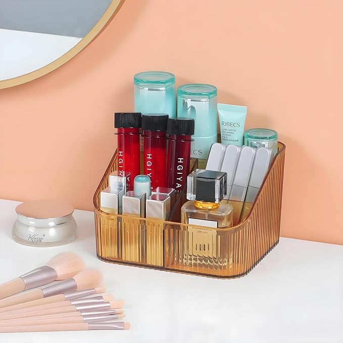 Amber Makeup Brush Holder Organizer for Vanity, Bathroom Countertop Organizer 5 Cups, Toiletry Storage & Display for Skincare, Perfume, Hairbrush, Sunglasses & Desk Accessories