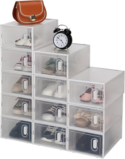 12 Pack Large Shoe Storage Boxes Organizers Clear Plastic Stackable, Modular Space Saving Shoe Boxes Sneaker Storage for Sneakerheads,Toy Storage Organizer Bins for Entryway, Closet, Under Bed, White