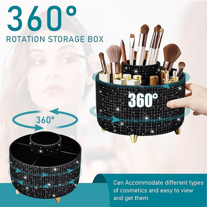 Diesisa Bling Diamond 360° Makeup Brush Holder Organizer, Rotating Makeup Brush Organizer,5 Slot Make up Brushes Cup for Cosmetics, Vanity Desktop Organizer, Gift for Women Teen Girls- Diamond Black
