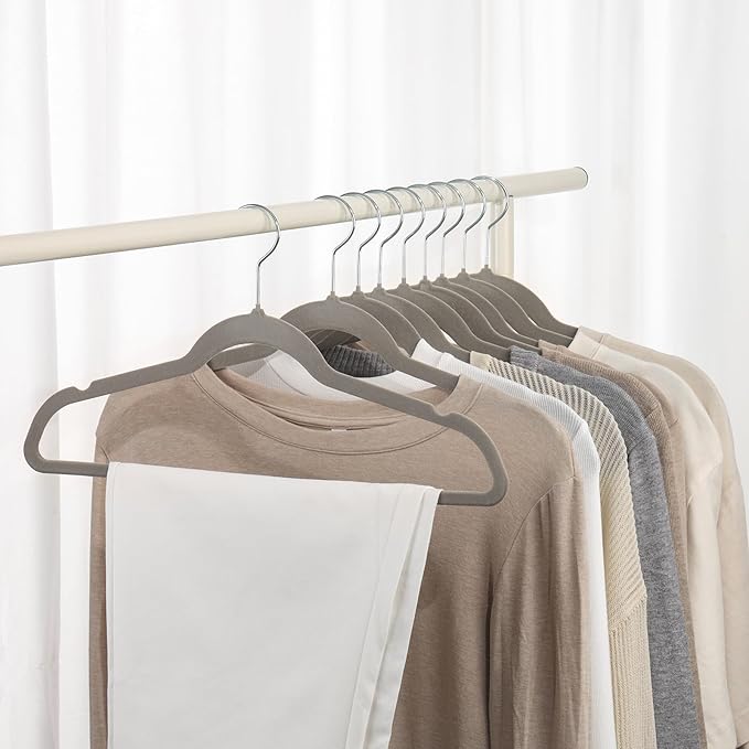 Premium Velvet Hangers 50 Pack, Non-Slip Suit Clothes Hangers, 360 Degree Swivel Hooks and Slim Profile to Maximize Closet Space Grey/Silver