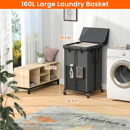 160L Laundry Hamper with Lid, Rolling Laundry Basket with Wheels, Large & Tall Dirty Clothes Hamper with Metal Frame and Removable Bag for Bedroom Aesthetic, Laundry Room, Bathroom, Dorm-Dark Gray