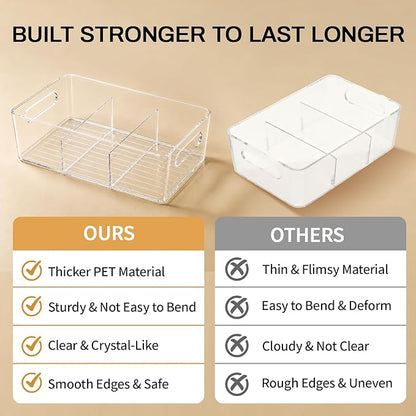 Mpotmiy 6 Pack Pantry Organizers and Storage,Clear Plastic Containers with 2 Dividers for Kitchen,Fridge Organization and Storage,Acrylic Bins for Pounches,Spice Packet,Snack organzier