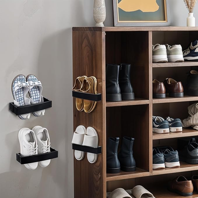 6 Pcs Adjustable Wall Mounted Shoes Rack with Sticky Hanging Strips, Plastic Shoes Holder Storage Organizer, Door Shoe Hangers