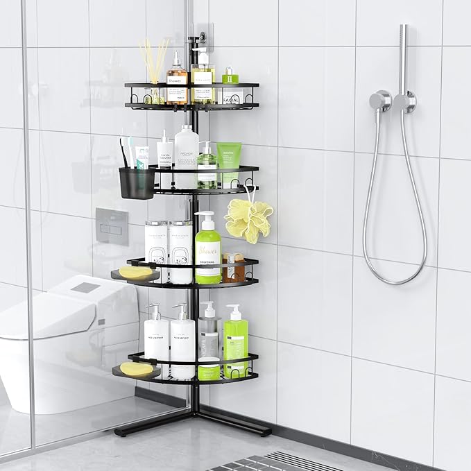 Aitatty Corner Shower Caddy Standing: 4-tier Rustproof Shower Organizer Shelf - Floor Shower Corner Shelf Rack Stand for Bathroom Black