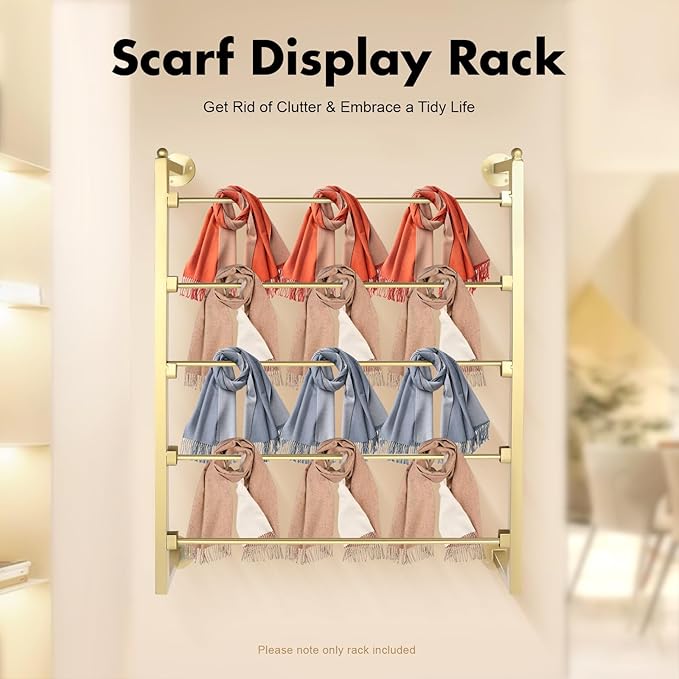 TFCFL Wall Mounted Display Rack, 5-Layer Tie & Scarf Holder, Wrapping Paper Ribbon Organizer, Retail Display for Home & Store (Gold)