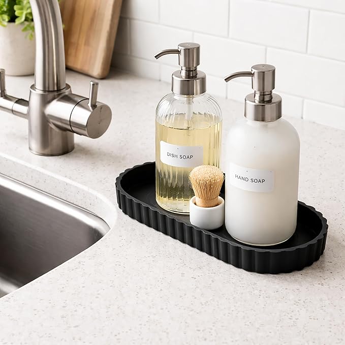 Silicone Bathroom Tray, Small Vanity Organizer, Rectangle Sink Caddy Sponge Holder Kitchen Counter Decor for Dish Soap, Perfume, Candle (Black)