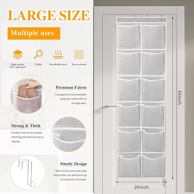 GOMAJI 12 Large Breathable Mesh Pockets, Over The Door Shoe Organizer, Boots Hanging Storage Shoe Rack for Closet, Accessories - Gray
