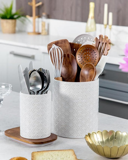 Nucookery Utensil Holder, Extra Large Ceramic Utensil Crock for Kitchen Counter, Stable Spatula & Flatware Organizer, Farmhouse Embossed Kitchen Decor, Set of 2 (Petal Pattern)